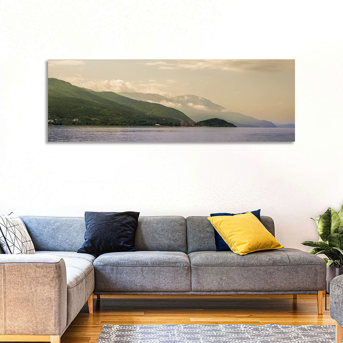 Ohrid Lakeshore Mountain View Wall Art in a room, panoramic