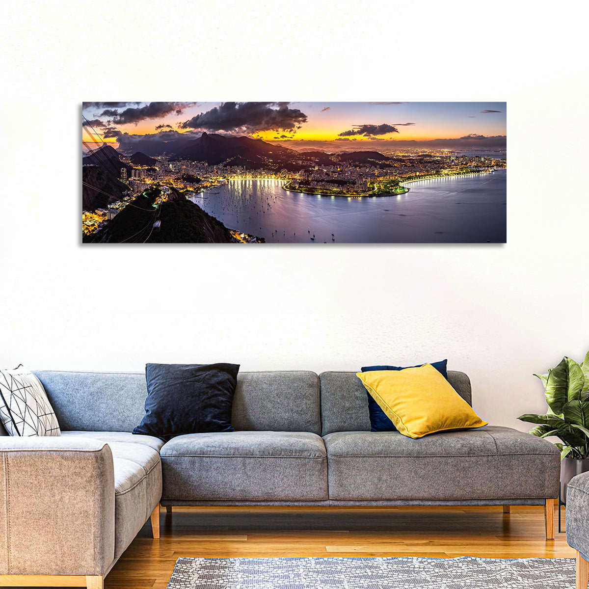Rio De Janeiro Night Skyline Wall Art in a room, panoramic
