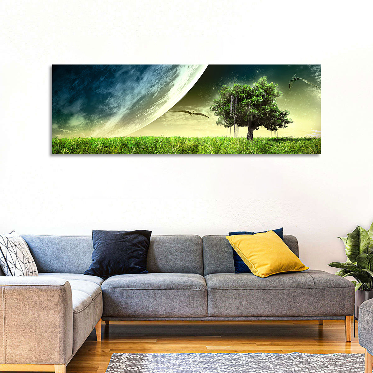 Alien Meadow Under a Giant Planet Wall Art in a room, panoramic