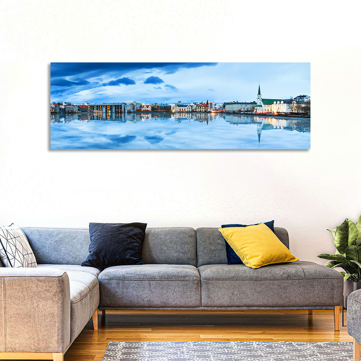Reykjavik Tjornin Reflection Wall Art in a room, panoramic