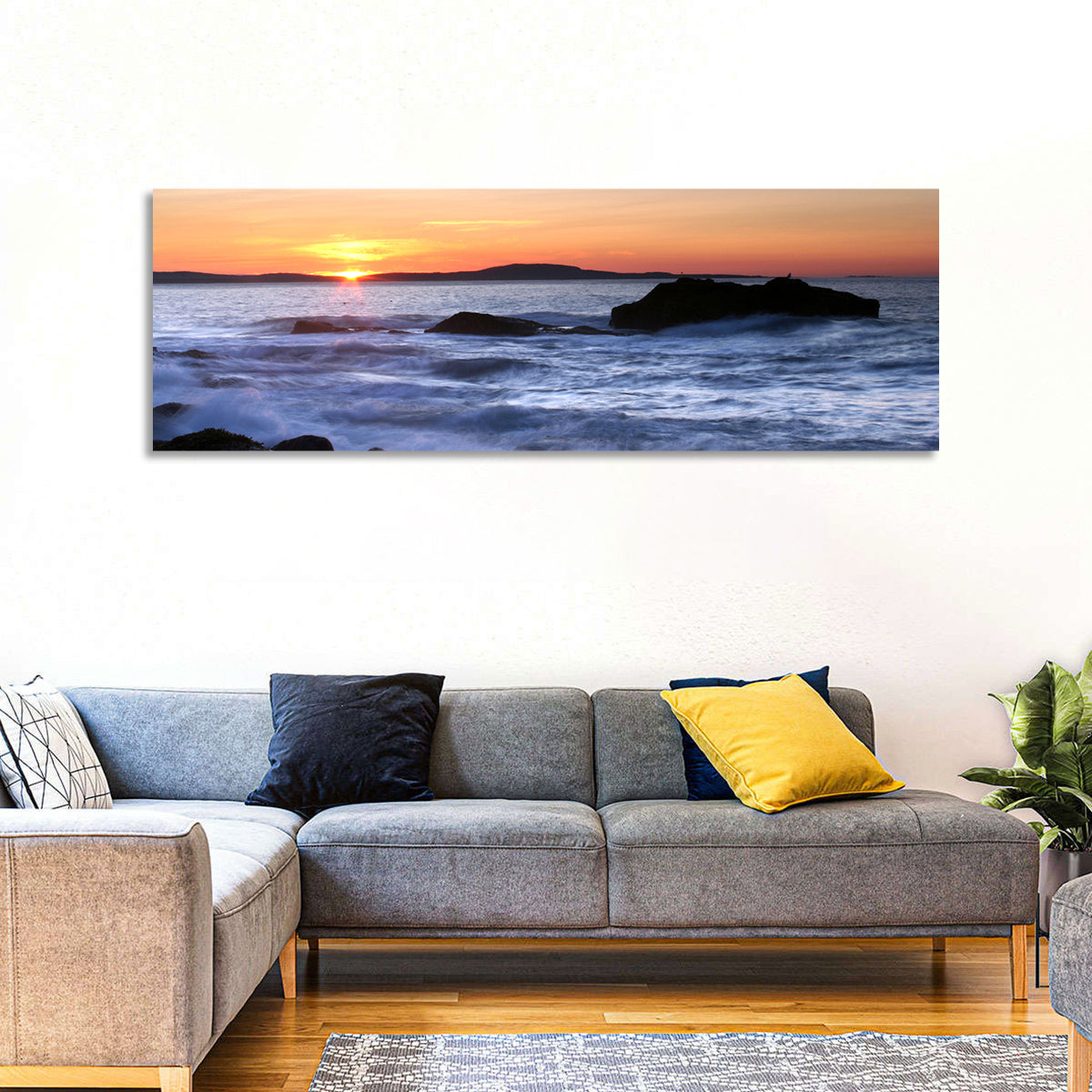 Acadia National Park Coastline Wall Art in a room, panoramic