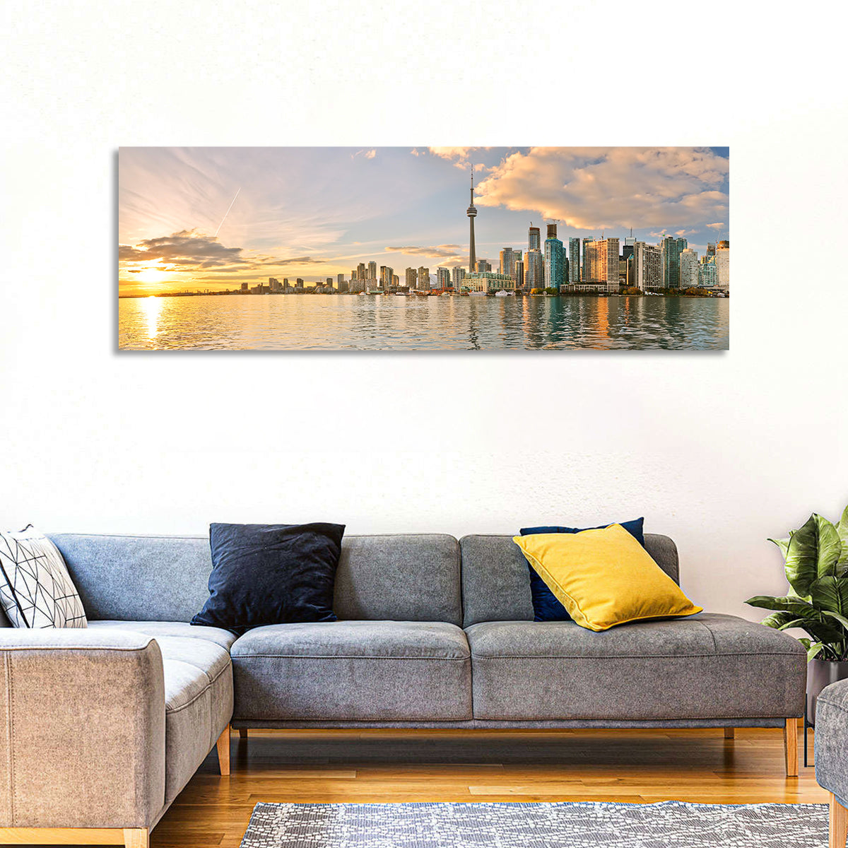 Toronto Golden Hour Skyline Wall Art in a room, panoramic