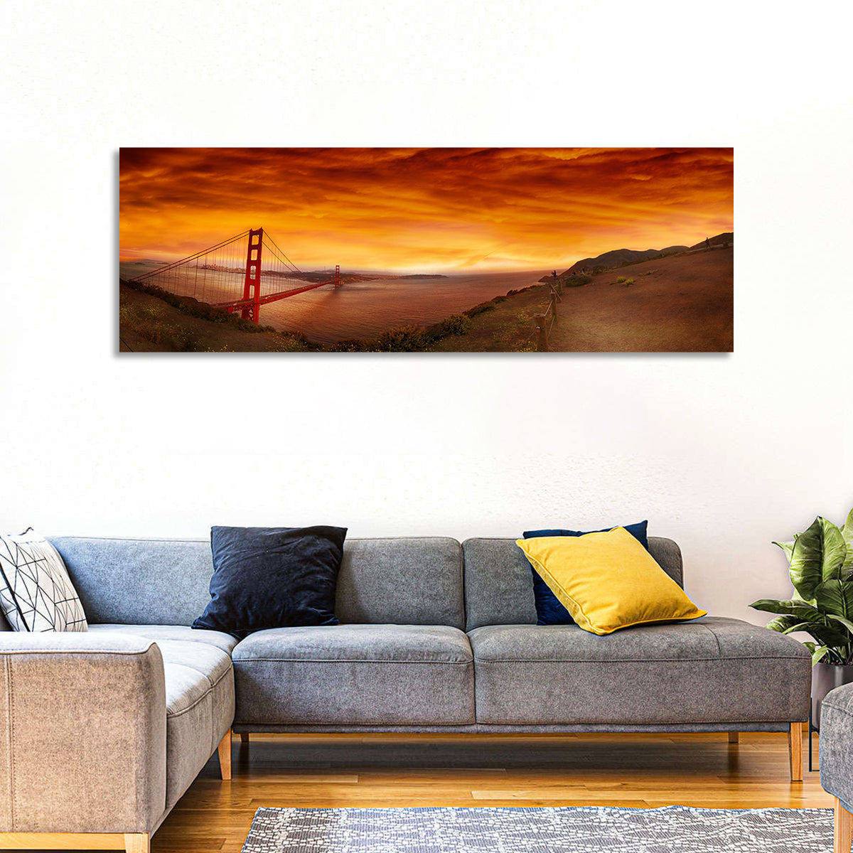 Golden Gate Bridge at Sunset Wall Art in a room, panoramic