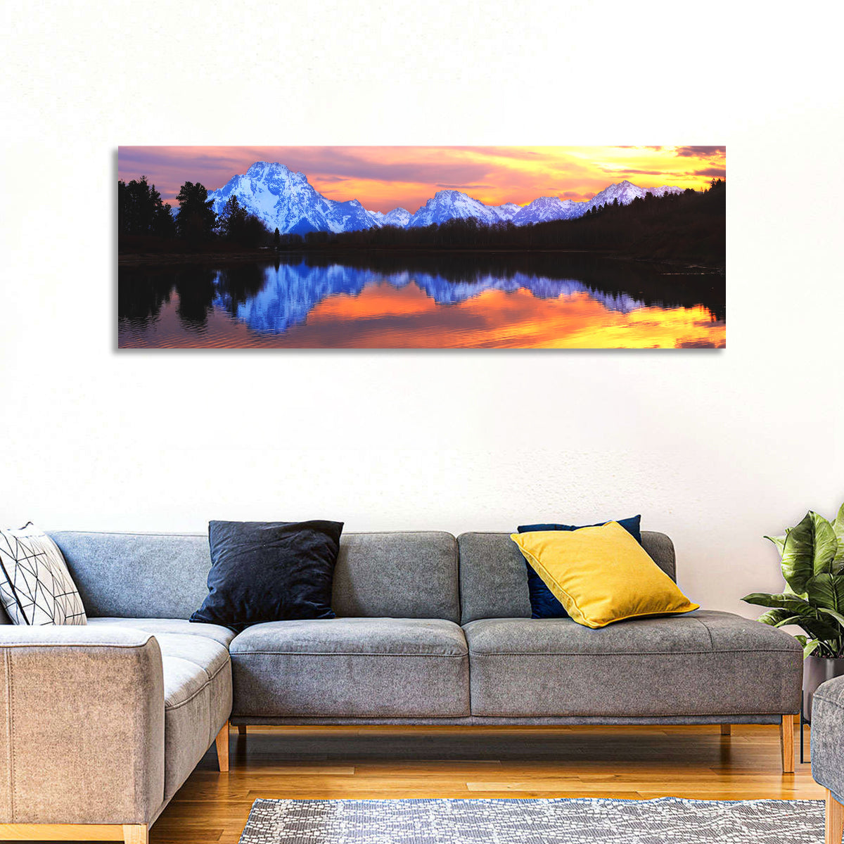 Grand Teton Sunset Reflection Wall Art in a room, panoramic