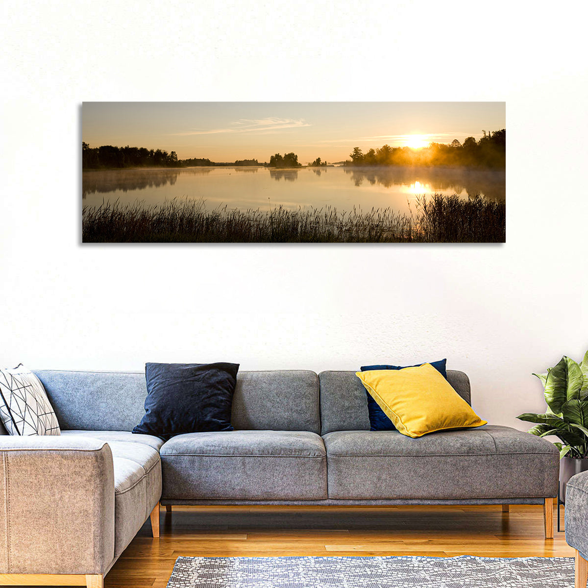 Tranquil Minnesota Lake Wall Art in a room, panoramic
