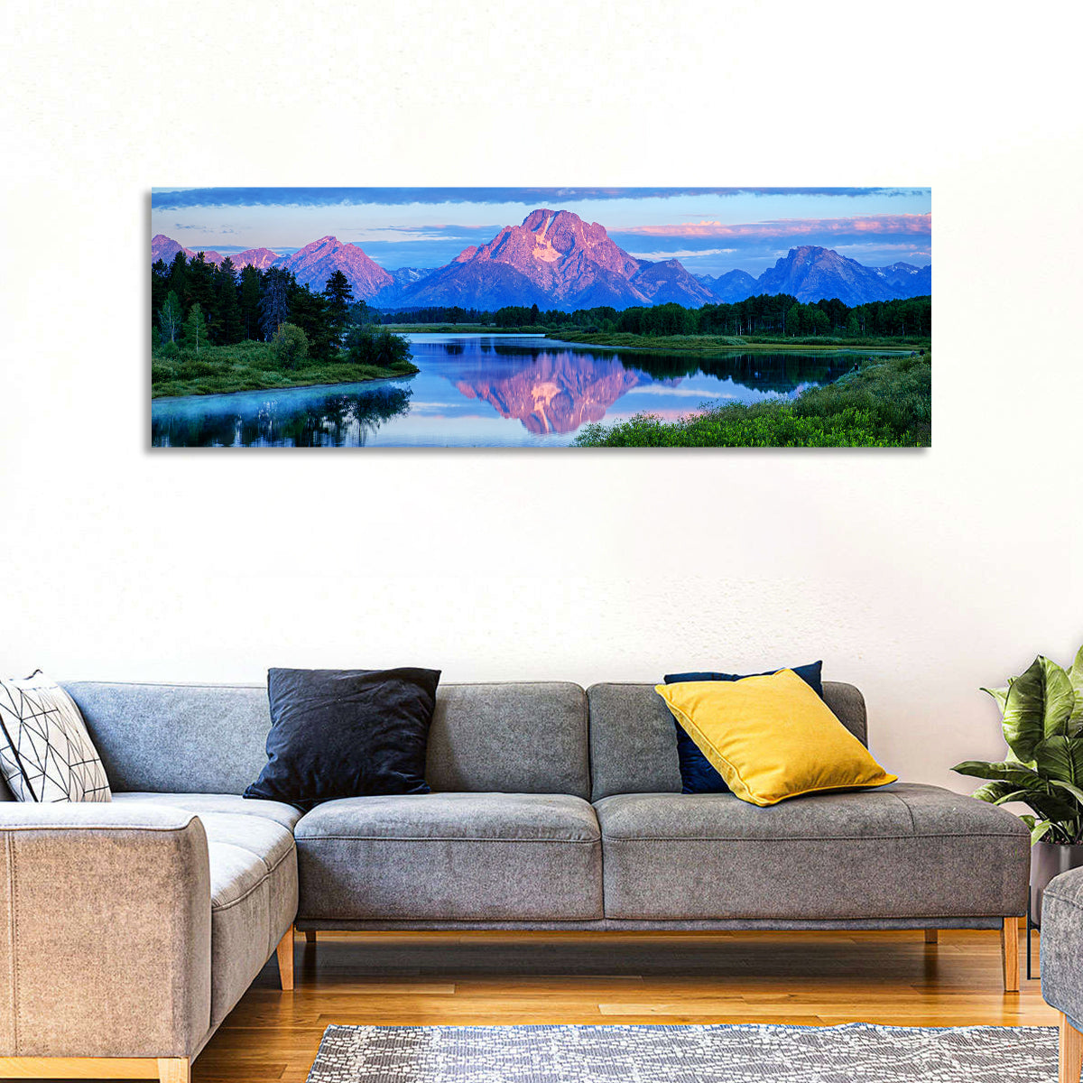 Oxbow Bend Dawn Reflection Wall Art in a room, panoramic