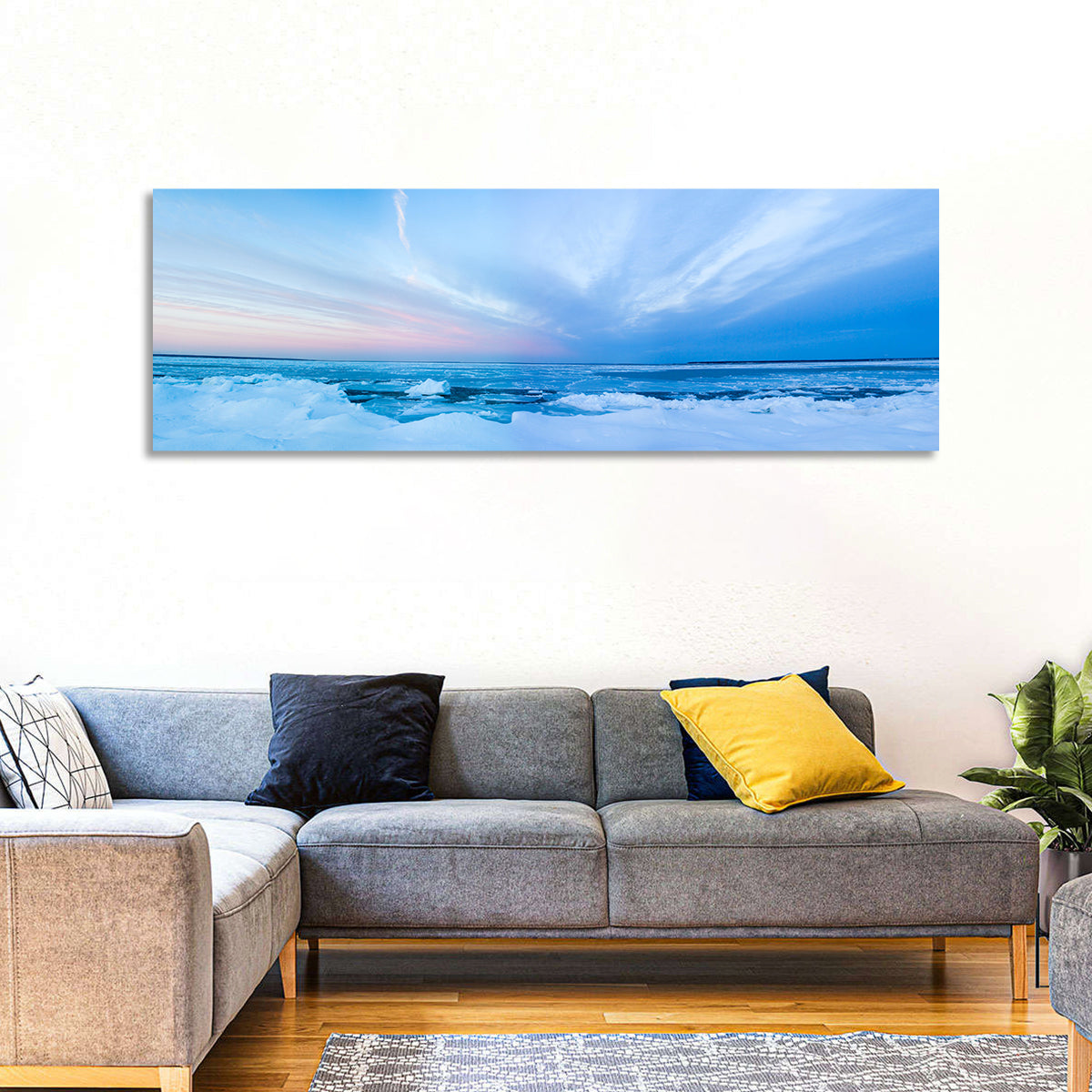 Frozen Blue Seascape Wall Art in a room, panoramic
