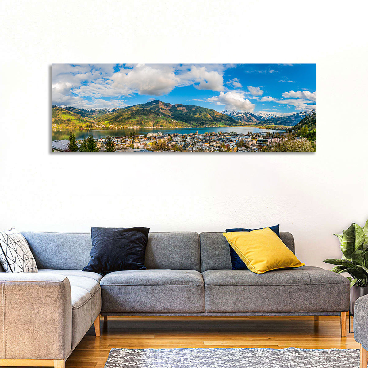 Zell Am See Shoreline Wall Art in a room, panoramic