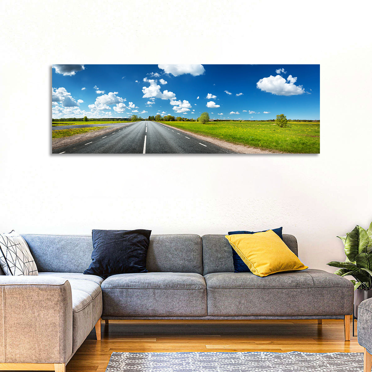 Asphalt Road Through Meadow Wall Art in a room, panoramic