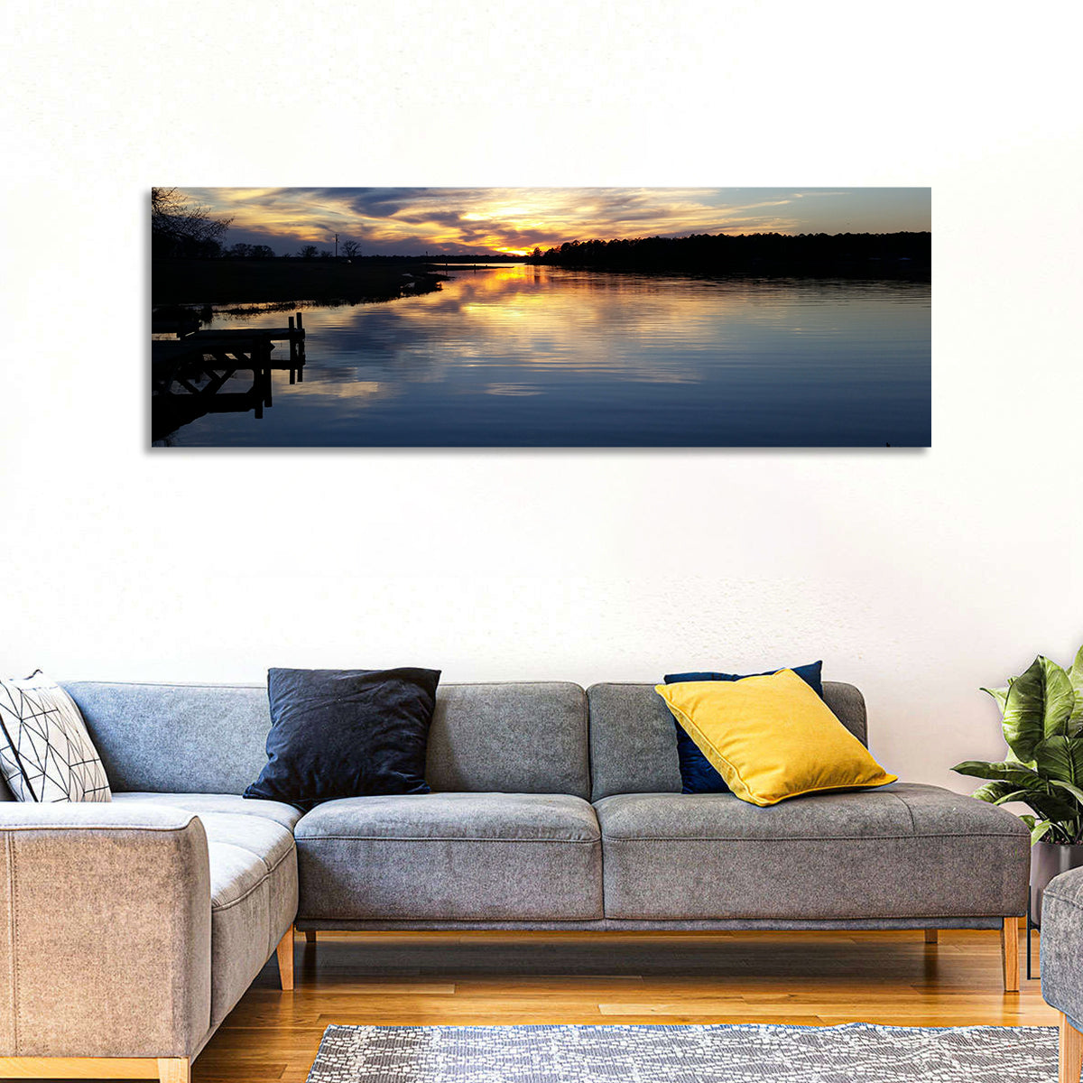 Lake Palestine Pier at Sunset Wall Art in a room, panoramic