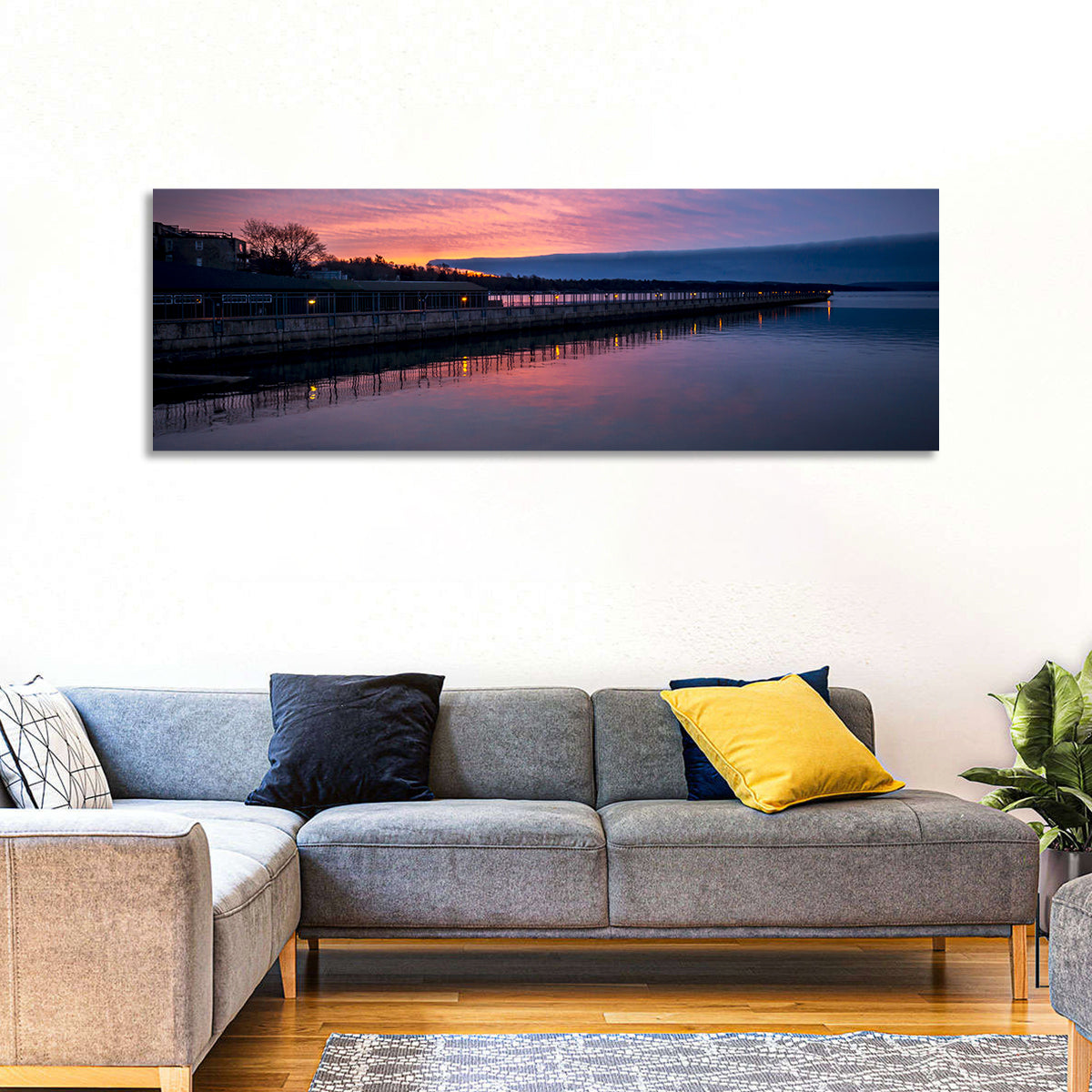 Skaneateles Lake Pier at Dusk Wall Art in a room, panoramic