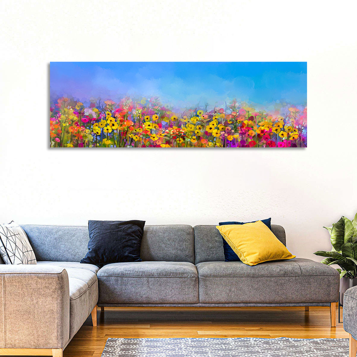 Cornflower and Daisy Meadow Wall Art in a room, panoramic