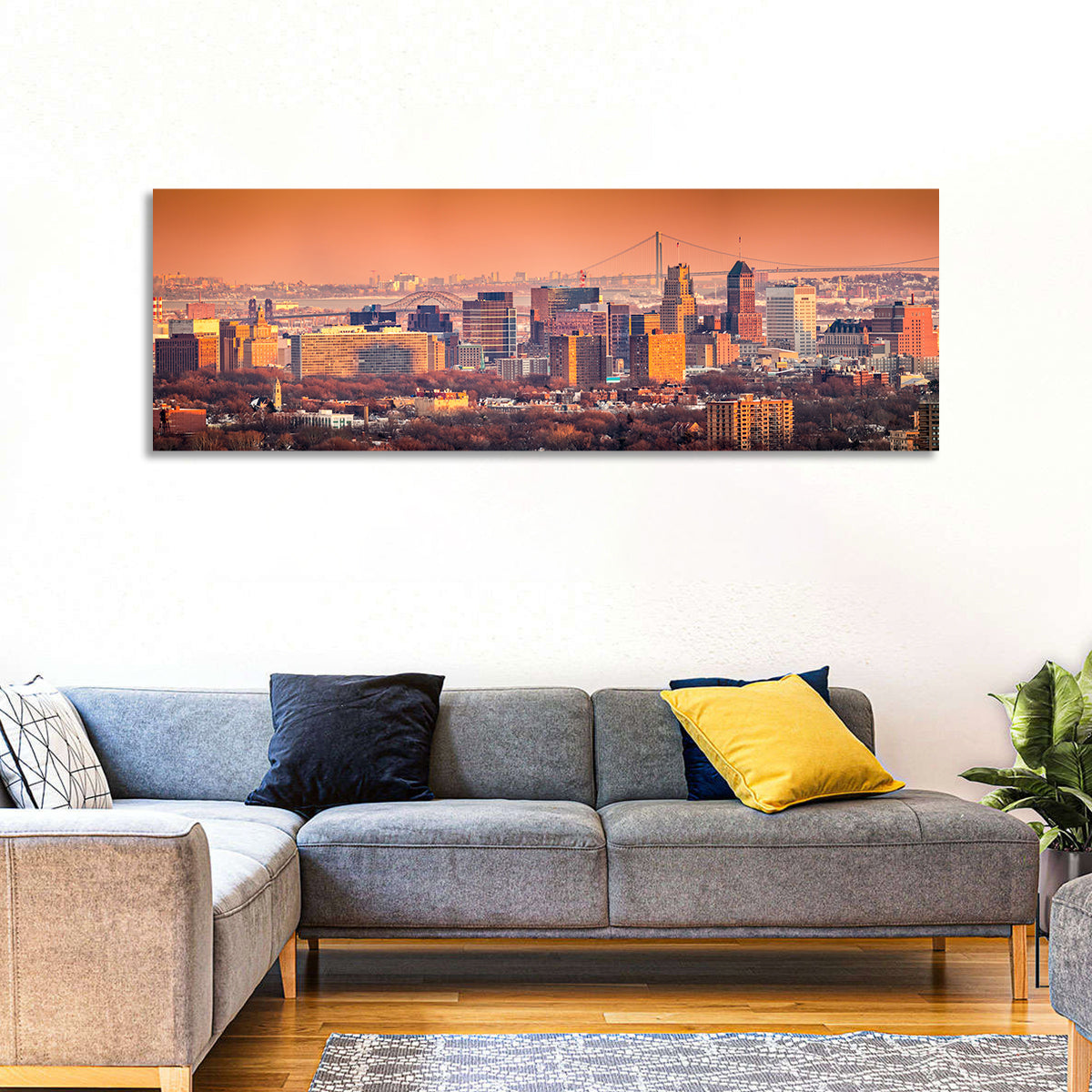 Newark Golden Hour Skyline Wall Art in a room, panoramic