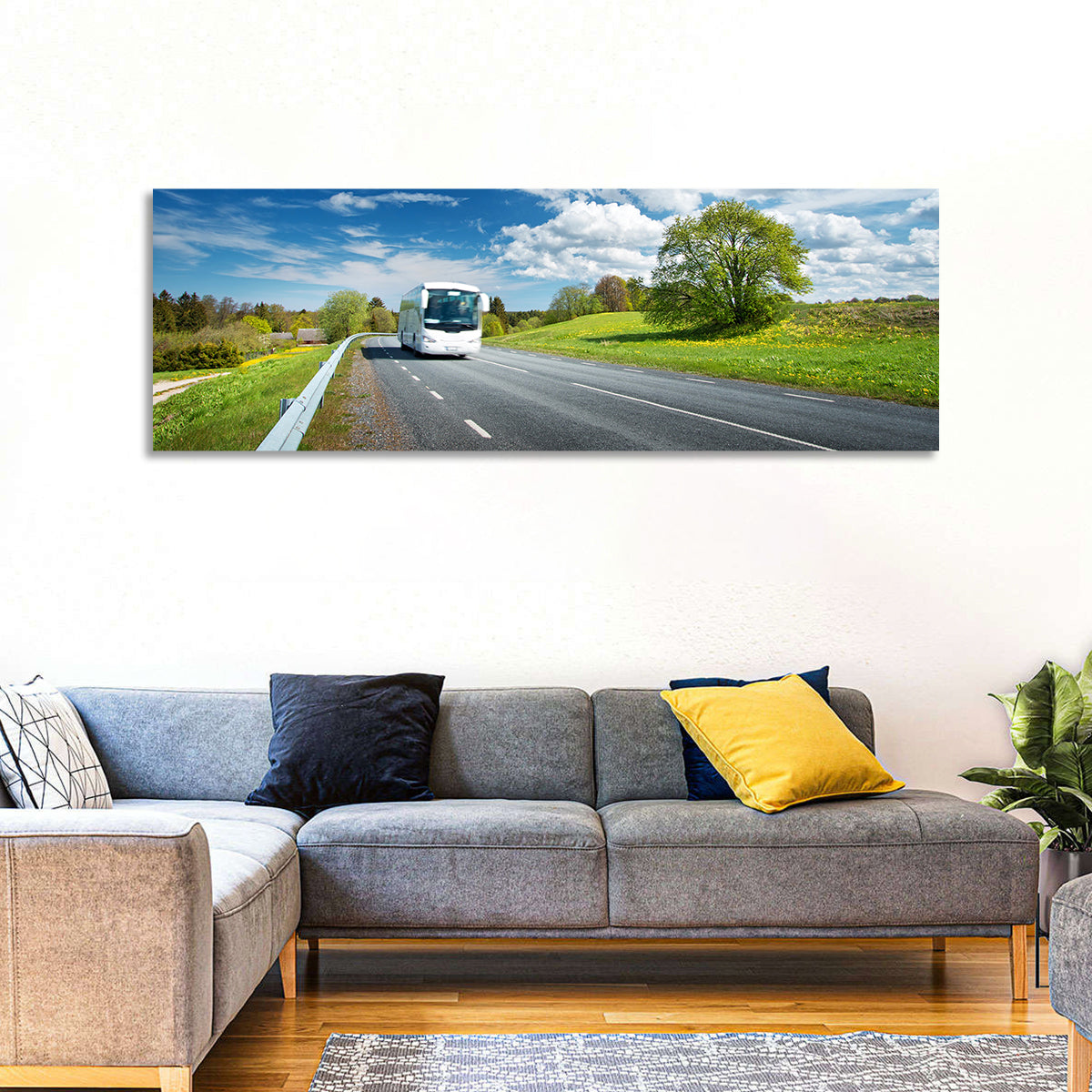 White Bus on Meadow Road Wall Art in a room, panoramic