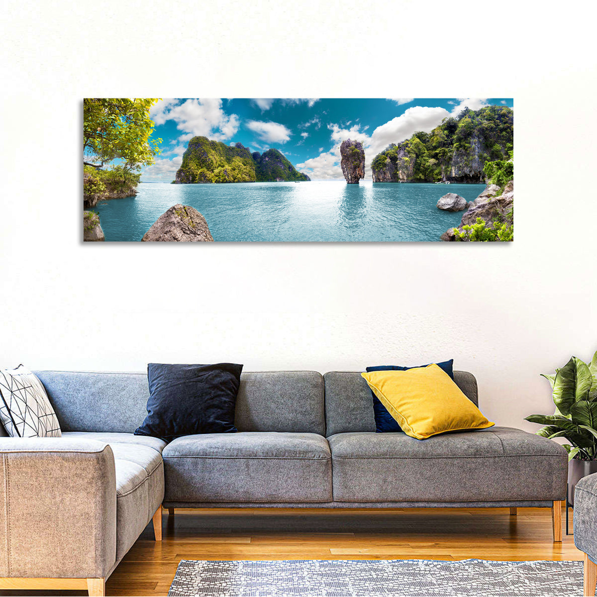Khao Phing Kan Seascape Wall Art in a room, panoramic