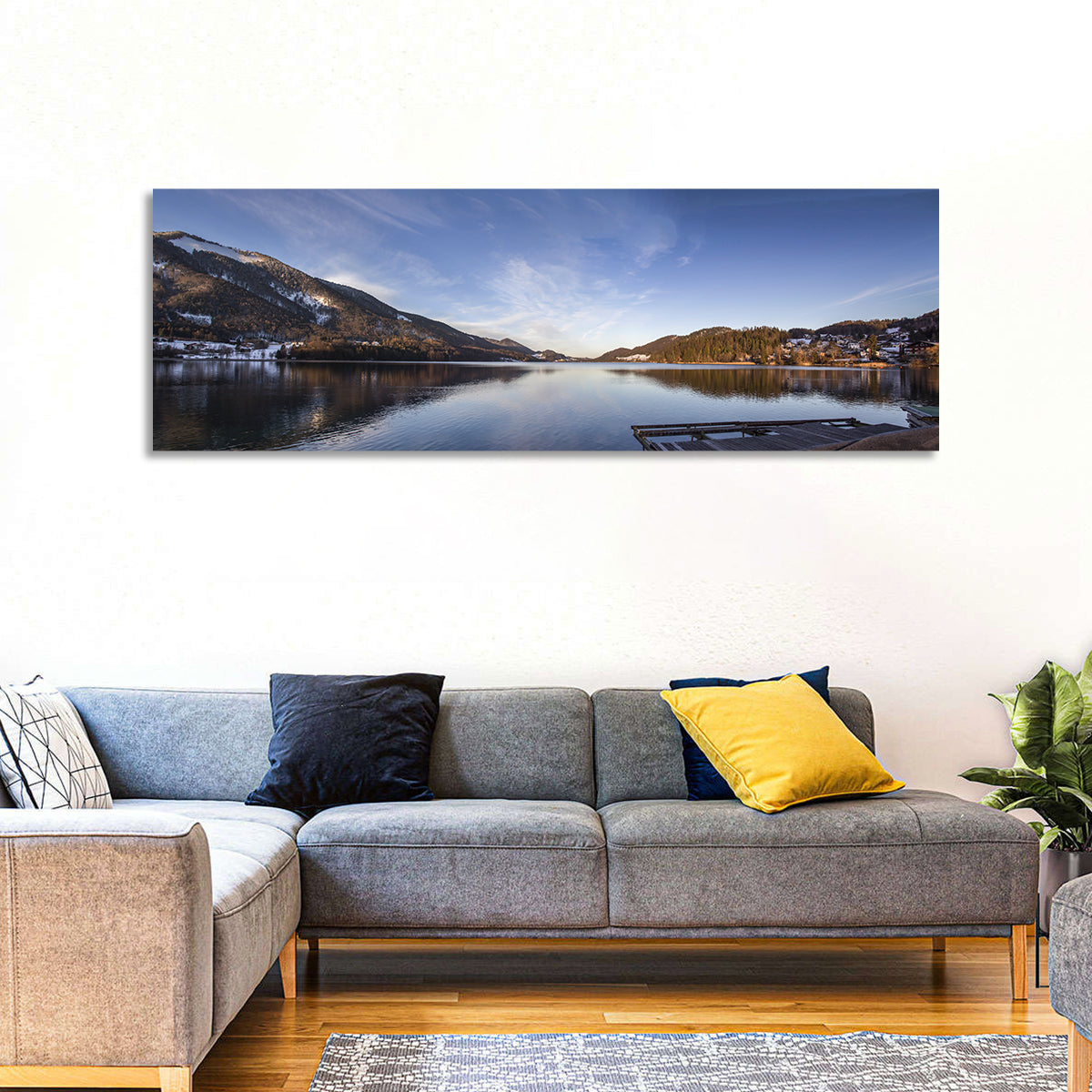 Fuschlsee Dock at Golden Hour Wall Art in a room, panoramic