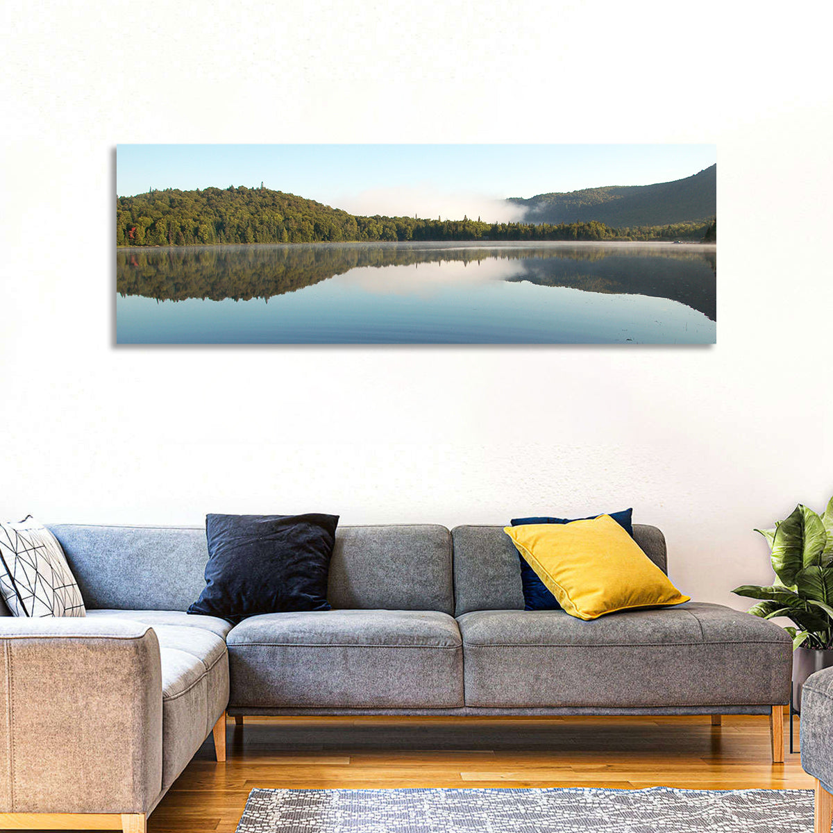 Lake Monroe Morning Reflection Wall Art in a room, panoramic