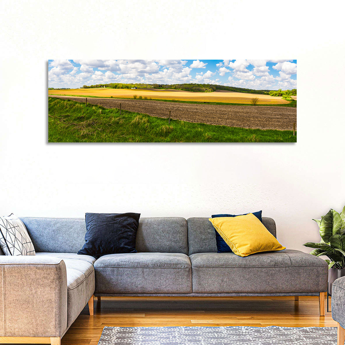Iowa Farmland Wall Art in a room, panoramic