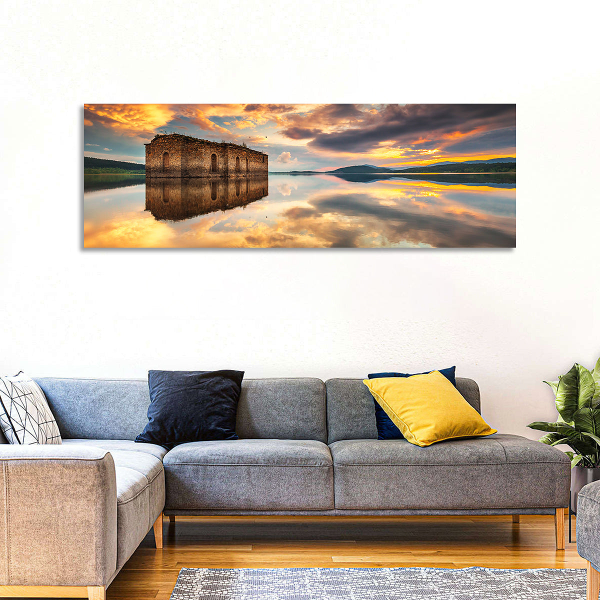 Sunken Church at Zhrebchevo Dam Wall Art in a room, panoramic