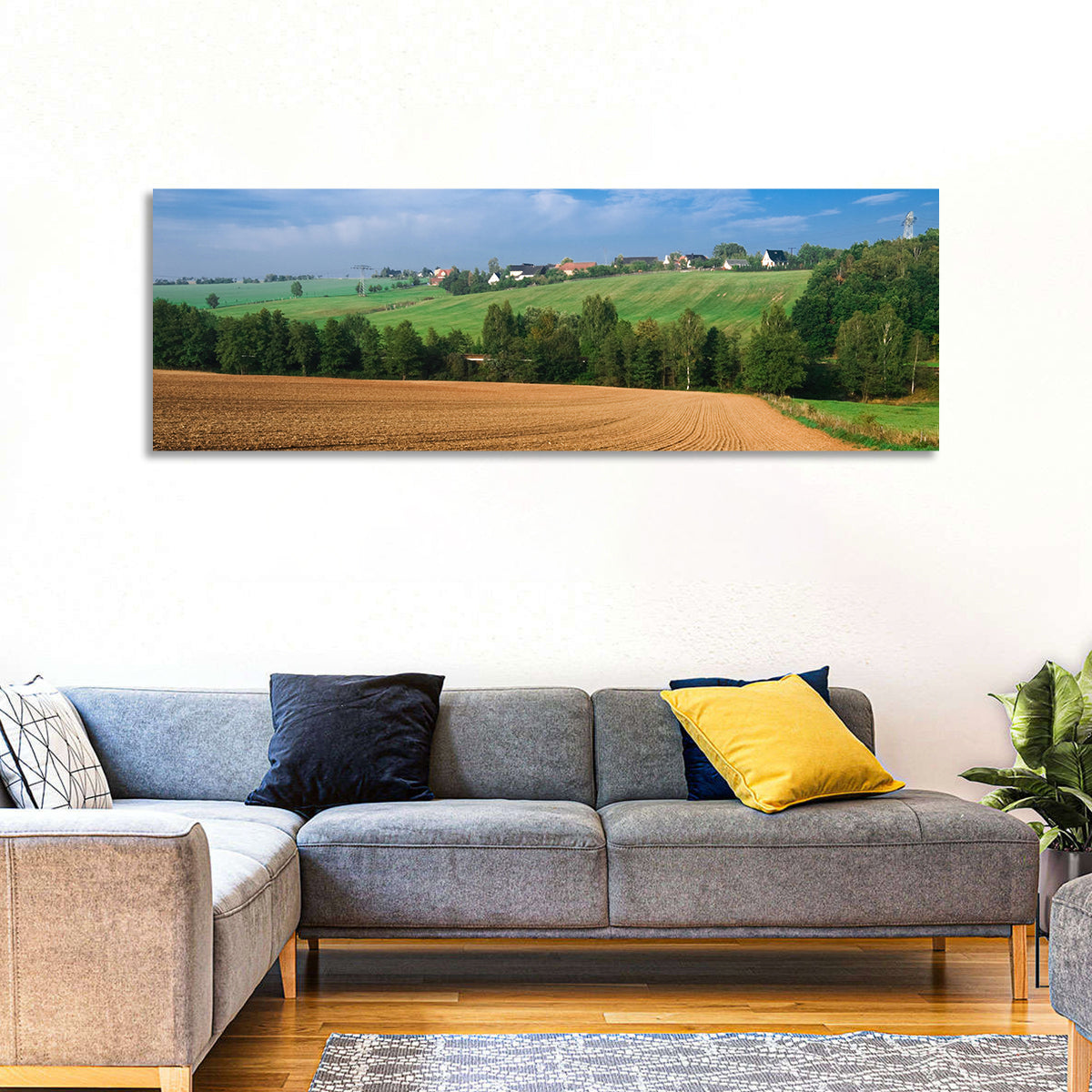 Kansas Wheat Fields Wall Art in a room, panoramic