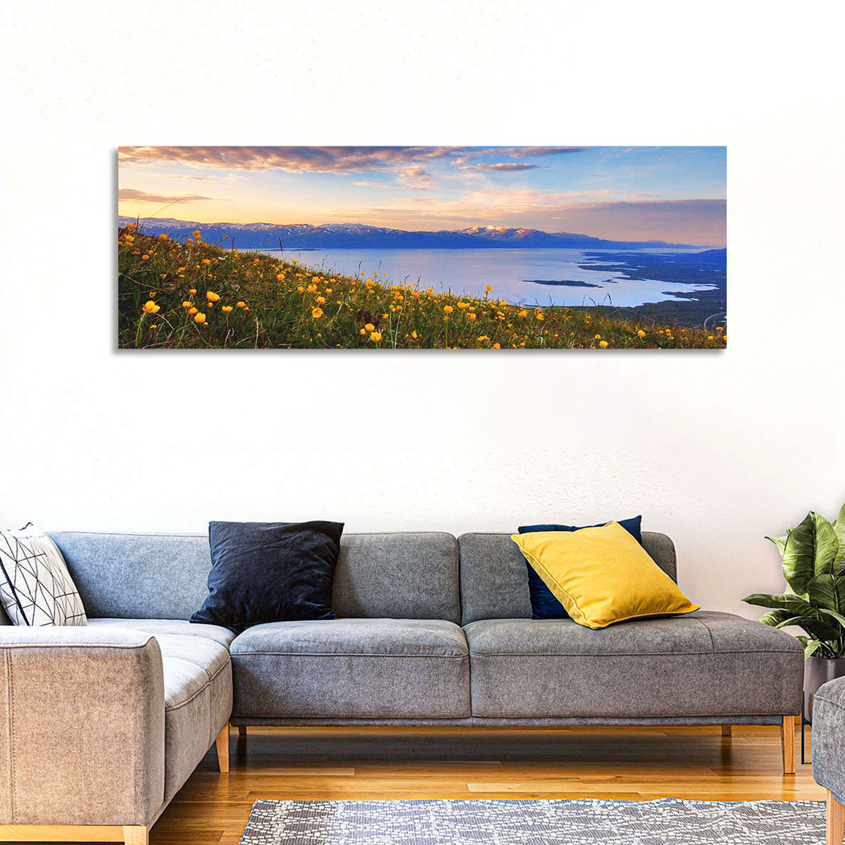 Abisko National Park Sunrise Wall Art in a room, panoramic