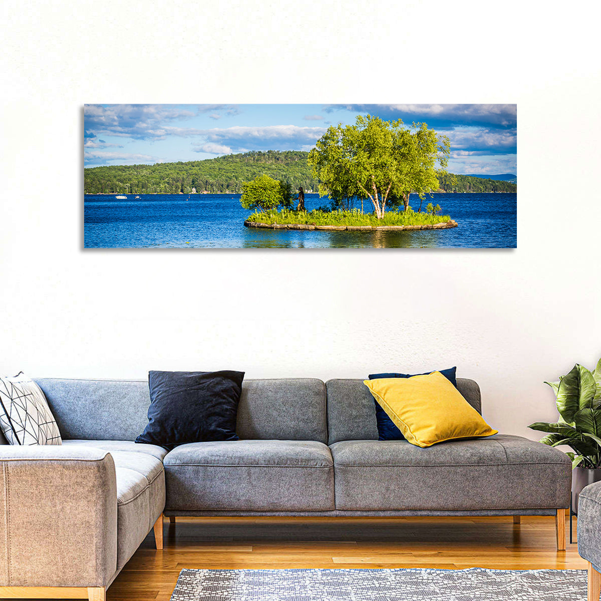Lake Winnipesaukee Landscape Wall Art in a room, panoramic