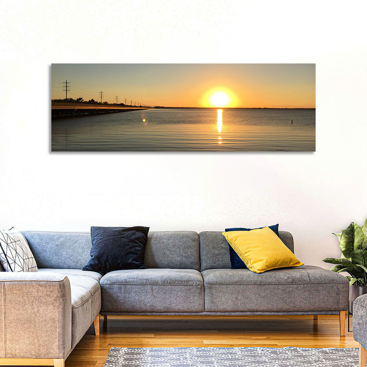 Lake Ray Hubbard Sunset Reflection Wall Art in a room, panoramic