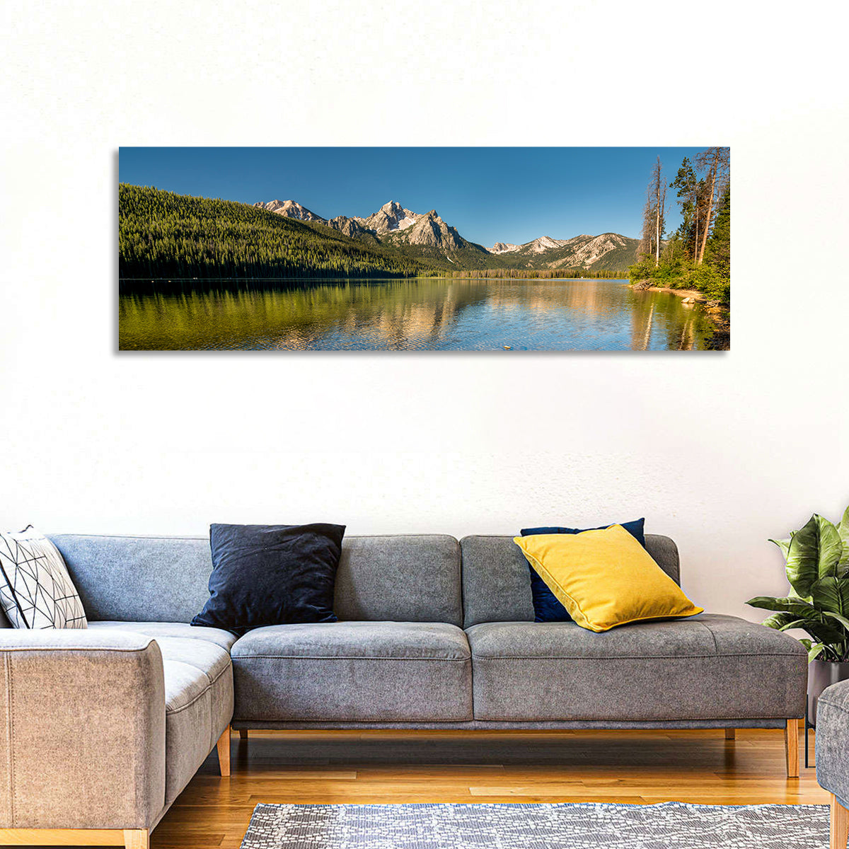 Morning Light at Stanley Lake Wall Art in a room, panoramic