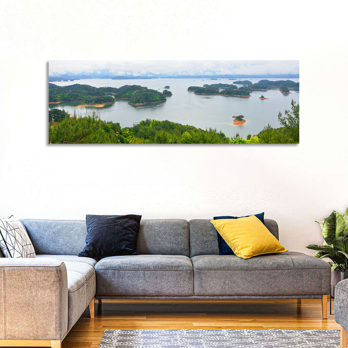 Qiandao Lake Islands View Wall Art in a room, panoramic