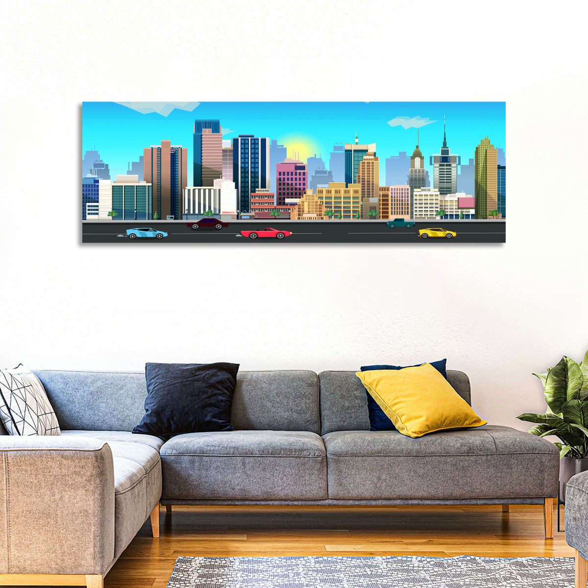 Geometric City Skyline with Sun Flare Wall Art