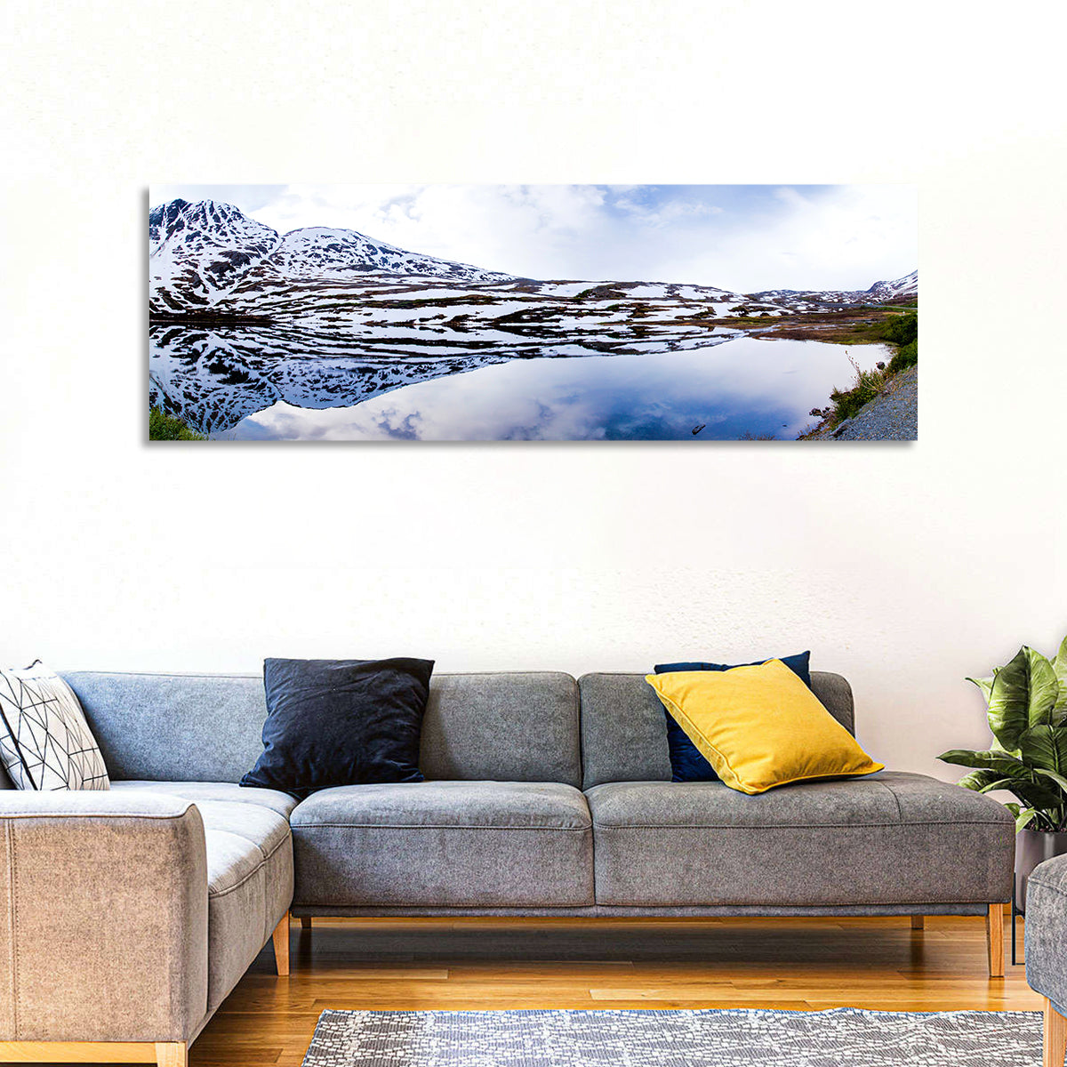 Alaskan Glacial Lake Wall Art in a room, panoramic