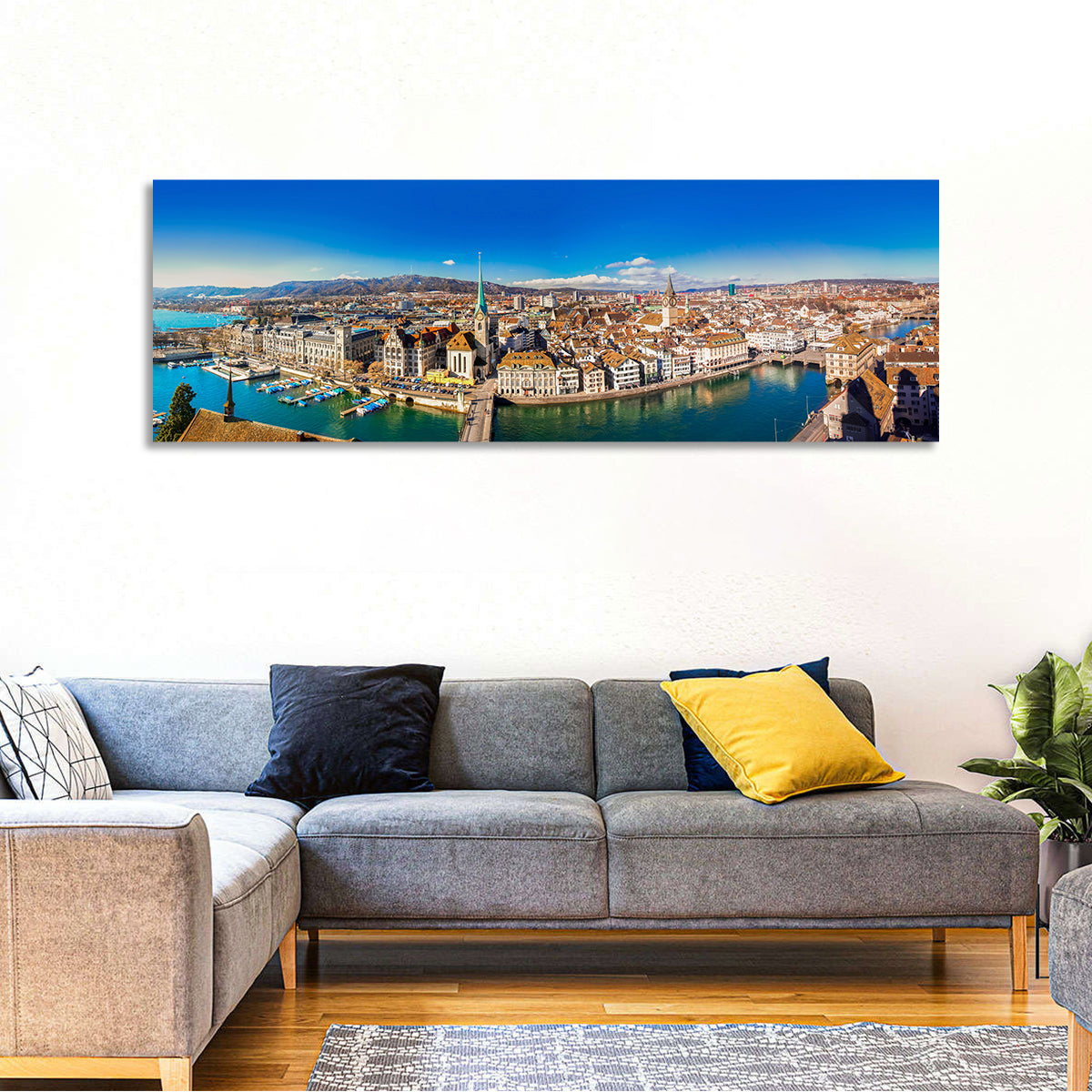 Zurich Cityscape Wall Art in a room, panoramic