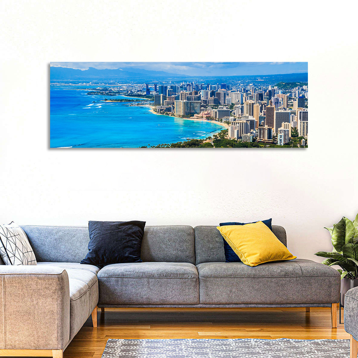 Honolulu Skyline Wall Art in a room, panoramic