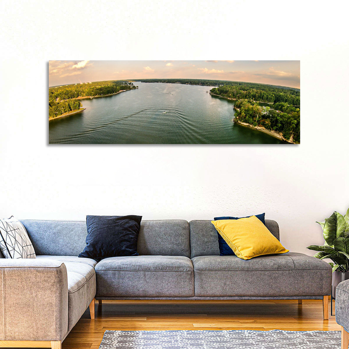 Lake Wylie Golden Hour Wall Art in a room, panoramic