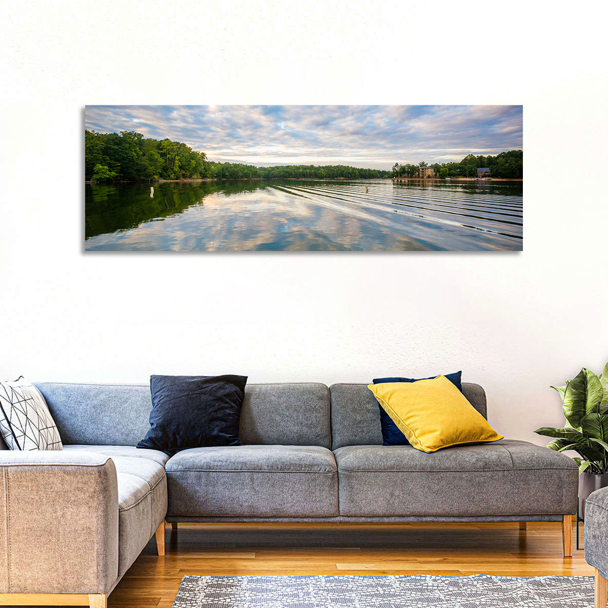 Cloudy Lake Norman Landscape Wall Art in a room, panoramic