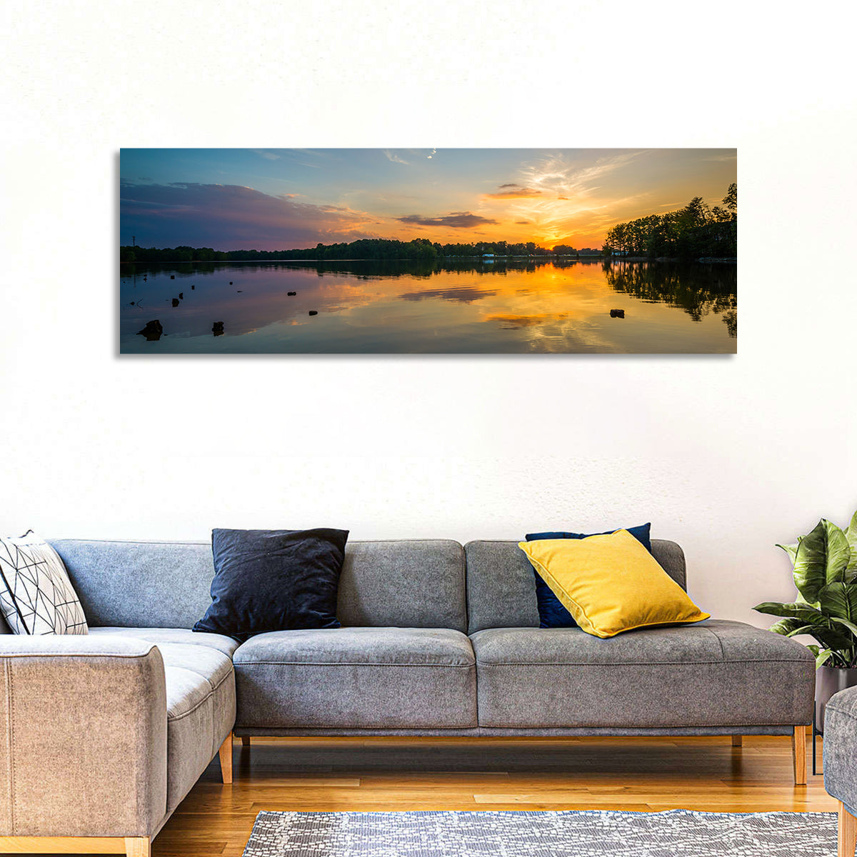 Lake Norman Sunset Reflection Wall Art in a room, panoramic