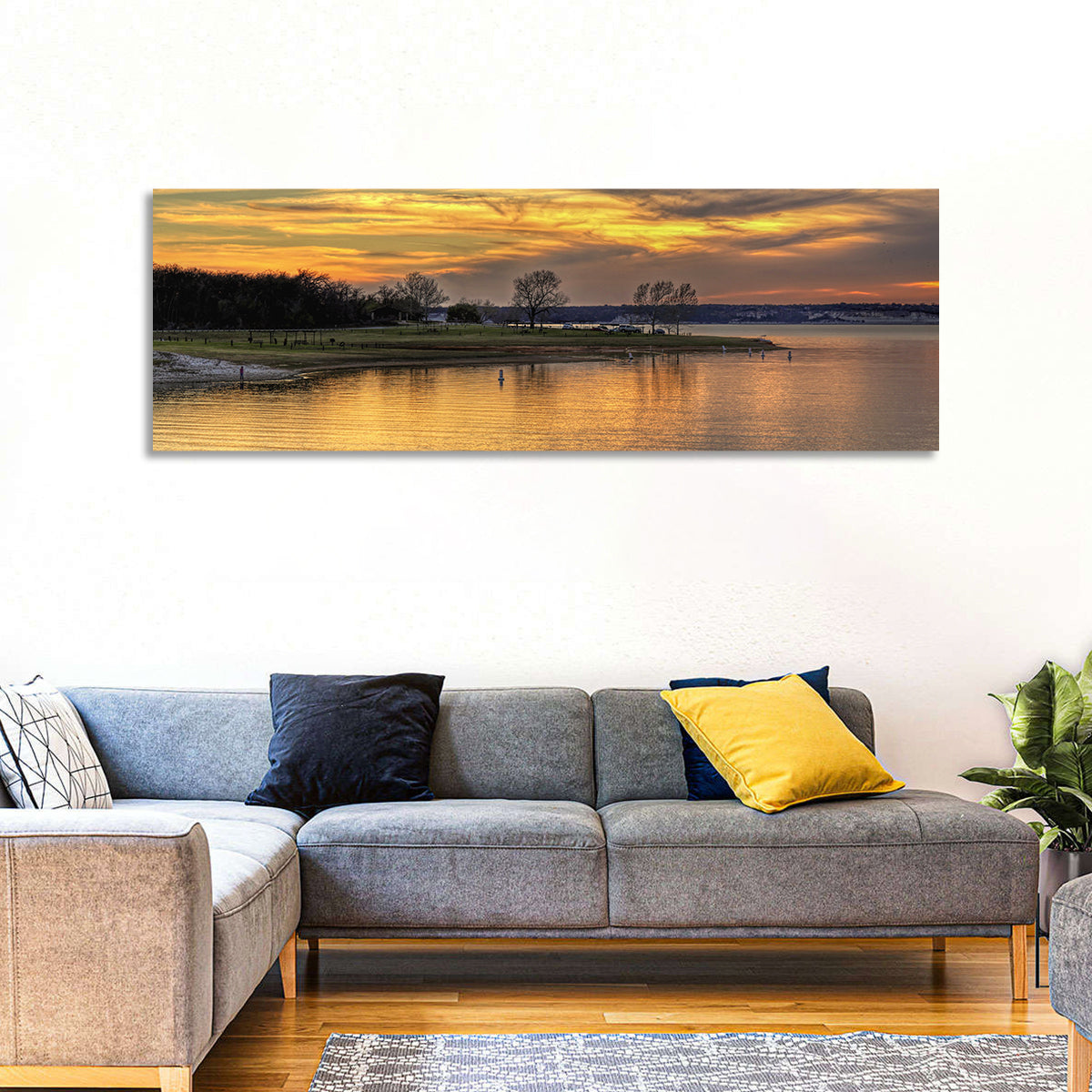 Lake Whitney Sunset Wall Art in a room, panoramic