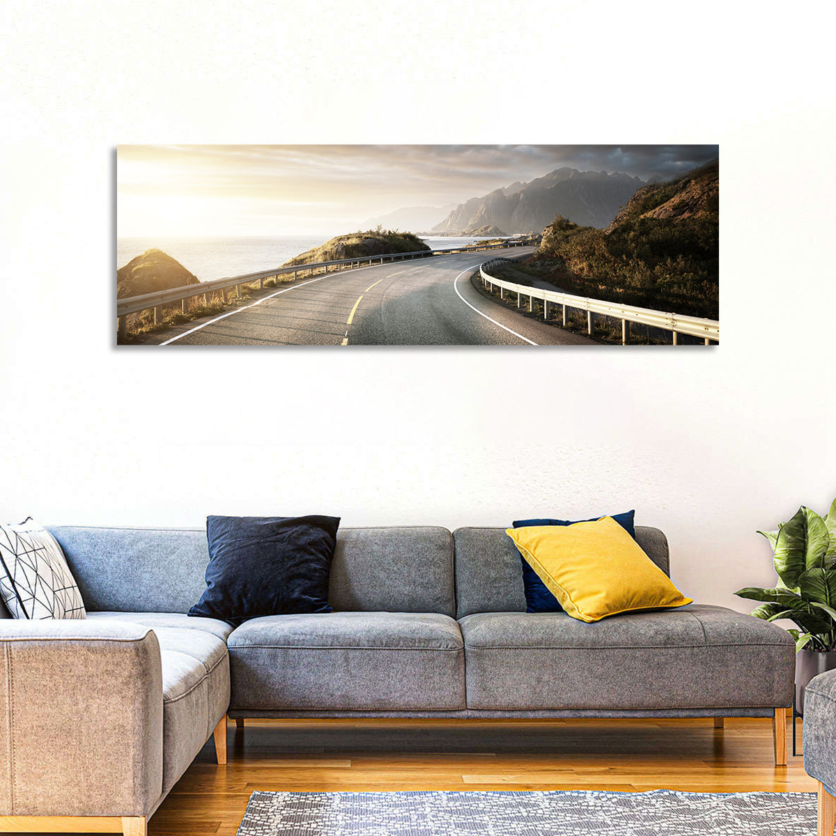 Golden Sunrise Coastal Road Wall Art in a room, panoramic