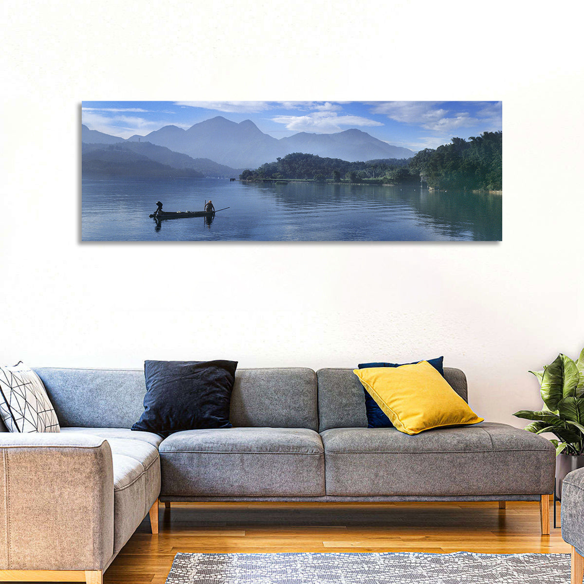 Sun Moon Lake Morning Mist Wall Art in a room, panoramic