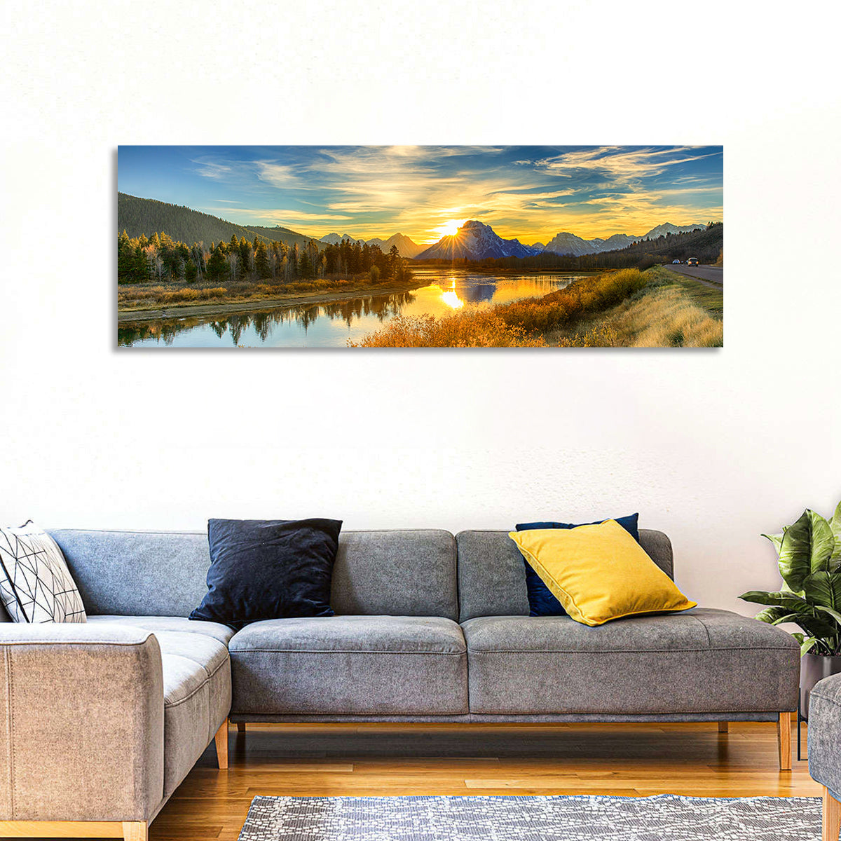Oxbow Bend Sunrise Wall Art in a room, panoramic