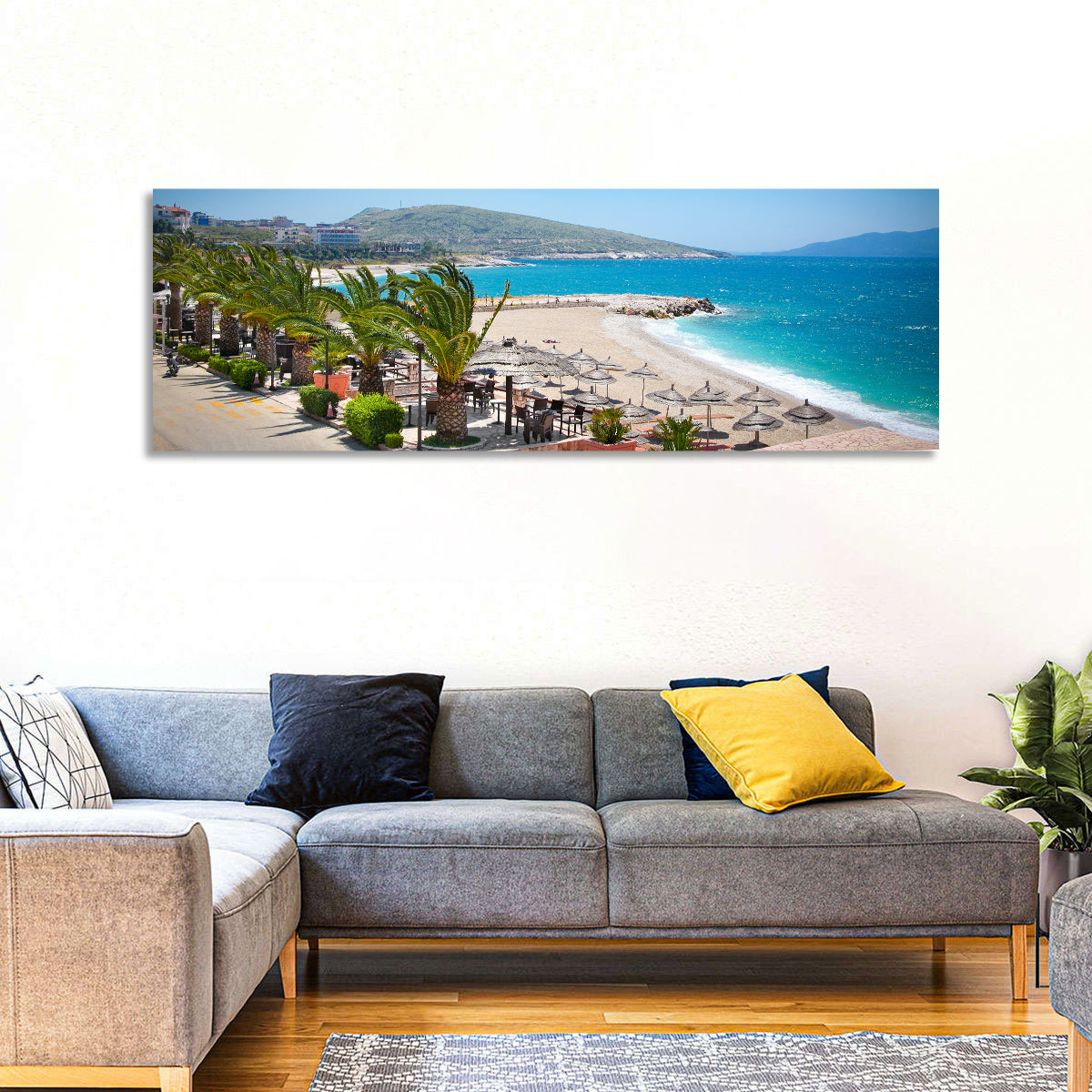 Saranda Seaside View Wall Art in a room, panoramic