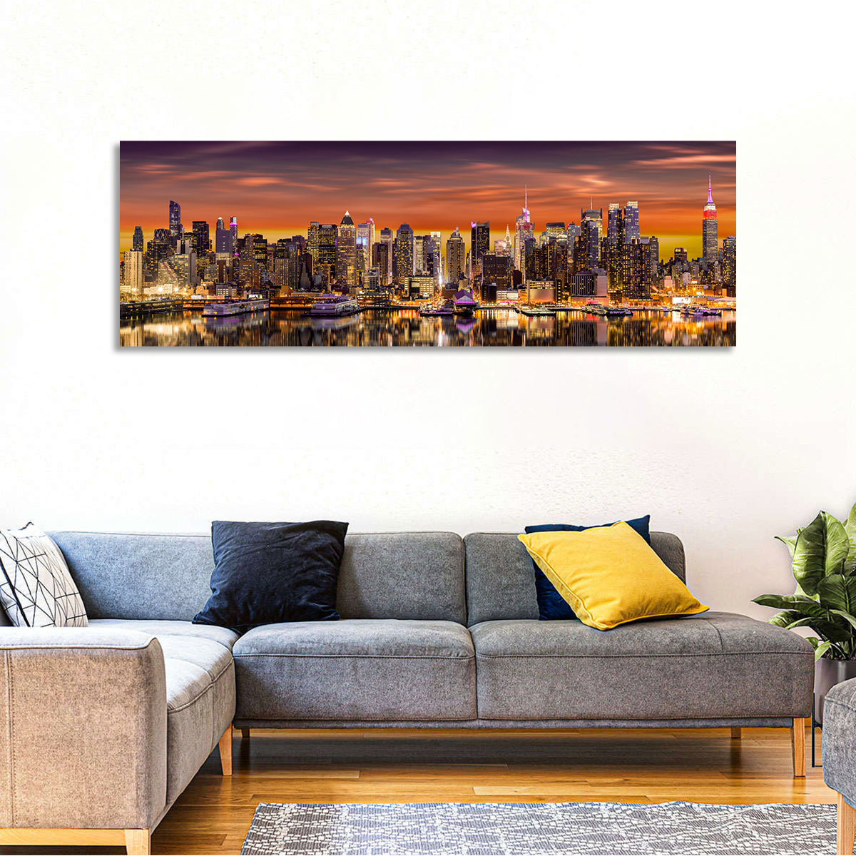 Midtown Manhattan Skyline Wall Art in a room, panoramic