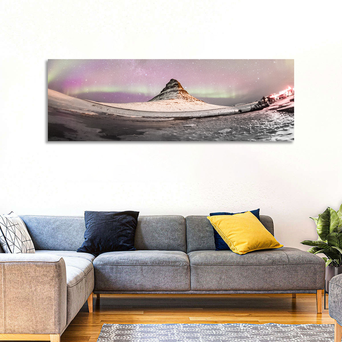 Aurora Over Kirkjufell Wall Art in a room, panoramic