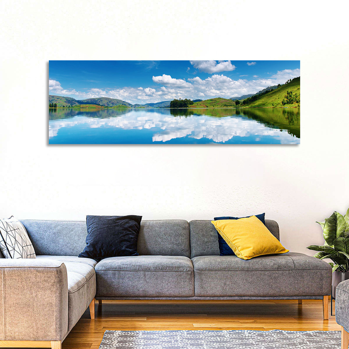 Bunyonyi Lake Reflection Wall Art in a room, panoramic