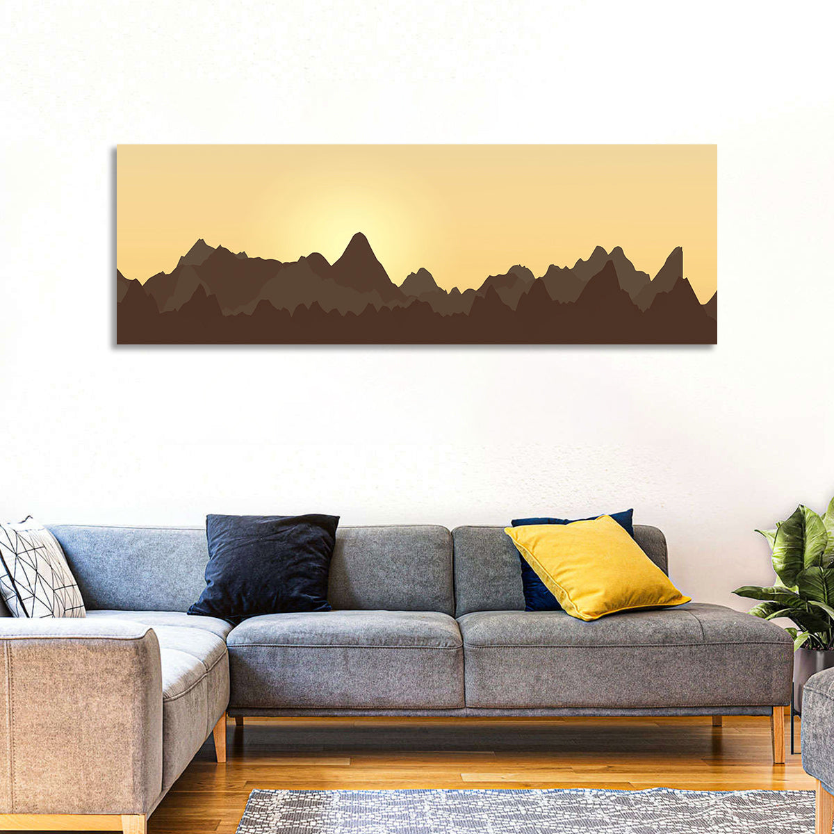 Sunset Mountain Silhouettes Wall Art in a room, panoramic