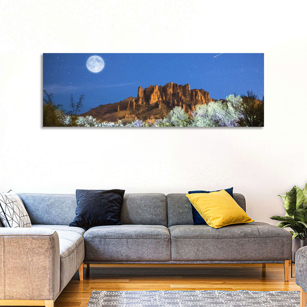 Moonlit Superstition Mountains Arizona Wall Art in a room, panoramic