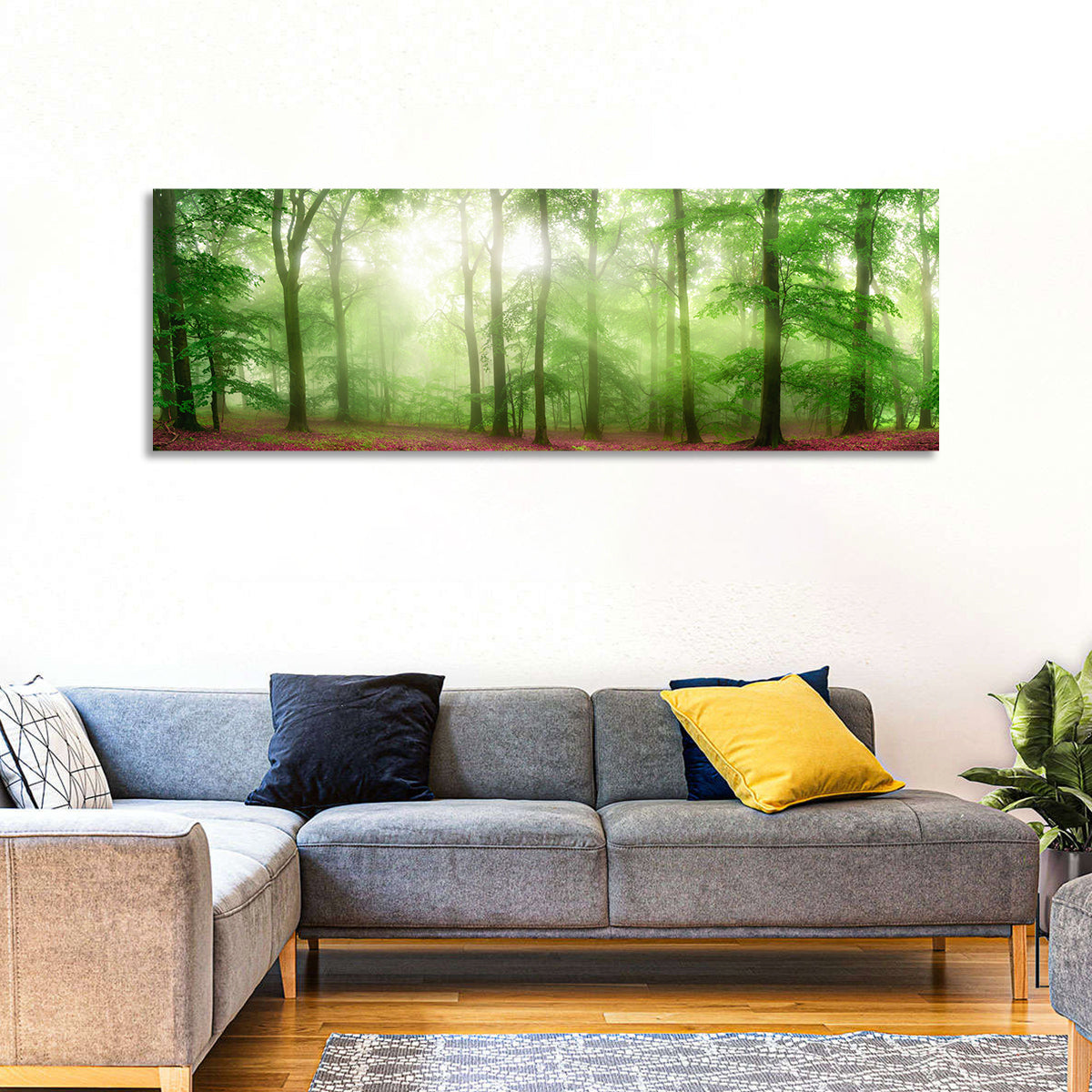 Sunlit Misty Forest Wall Art in a room, panoramic