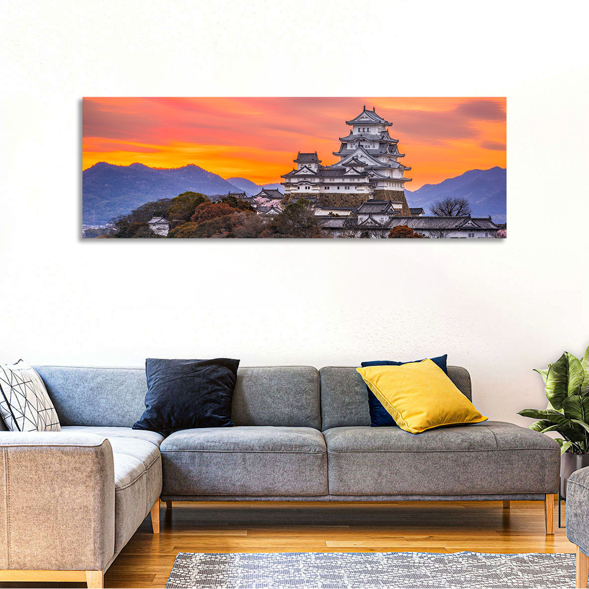 Himeji Castle at Sunrise Wall Art in a room, panoramic
