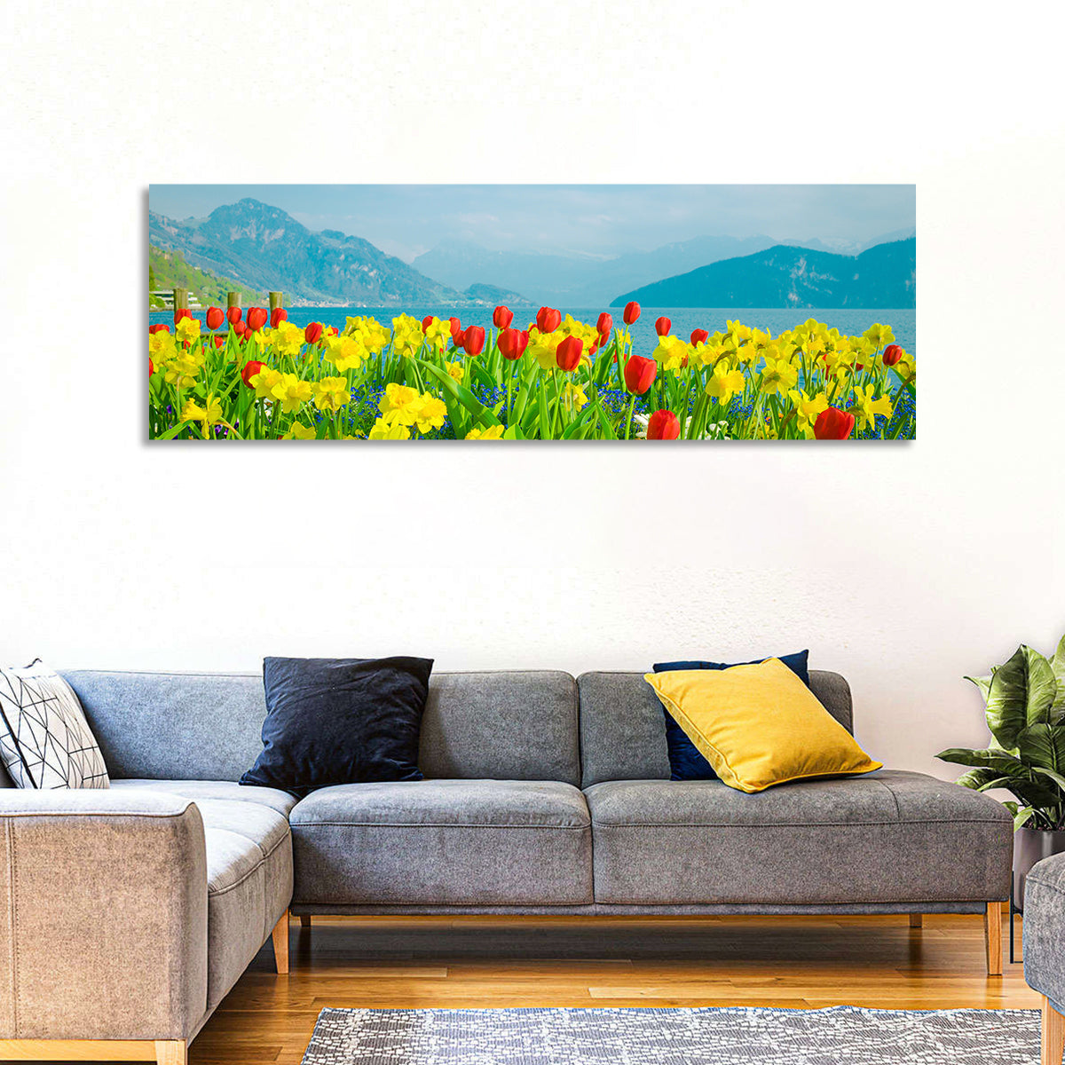 Lake Lucerne Daffodils Wall Art in a room, panoramic