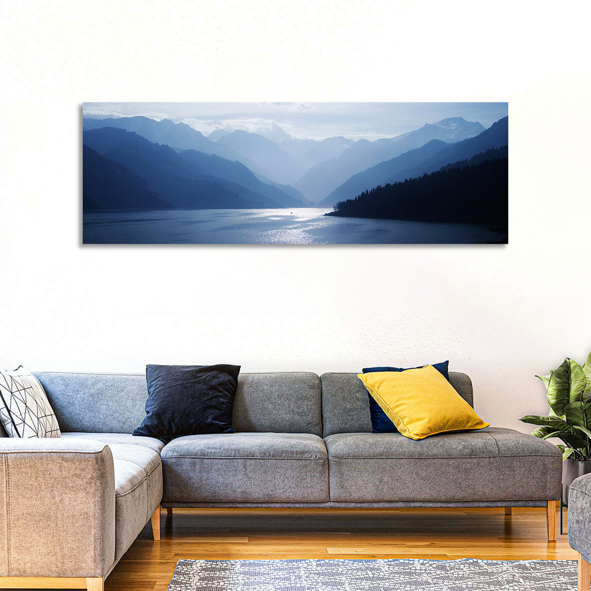 Xinjiang Lakeshore Serenity Wall Art in a room, panoramic
